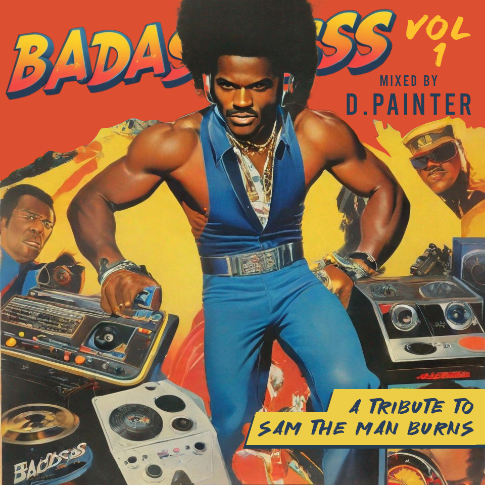 1970's Blaxploitation movie poster style illustration with muscular DJ surrounded by equipment