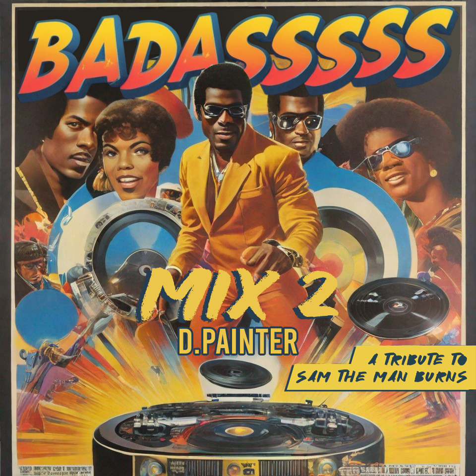 70s blacksploitation movie poster style illustration featuring a DJ and happy faces