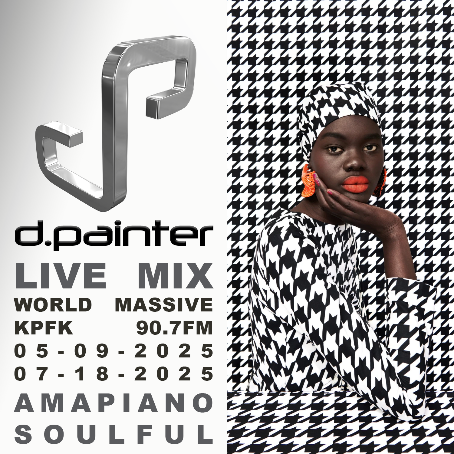 African woman in hounds tooth over hounds tooth background with text