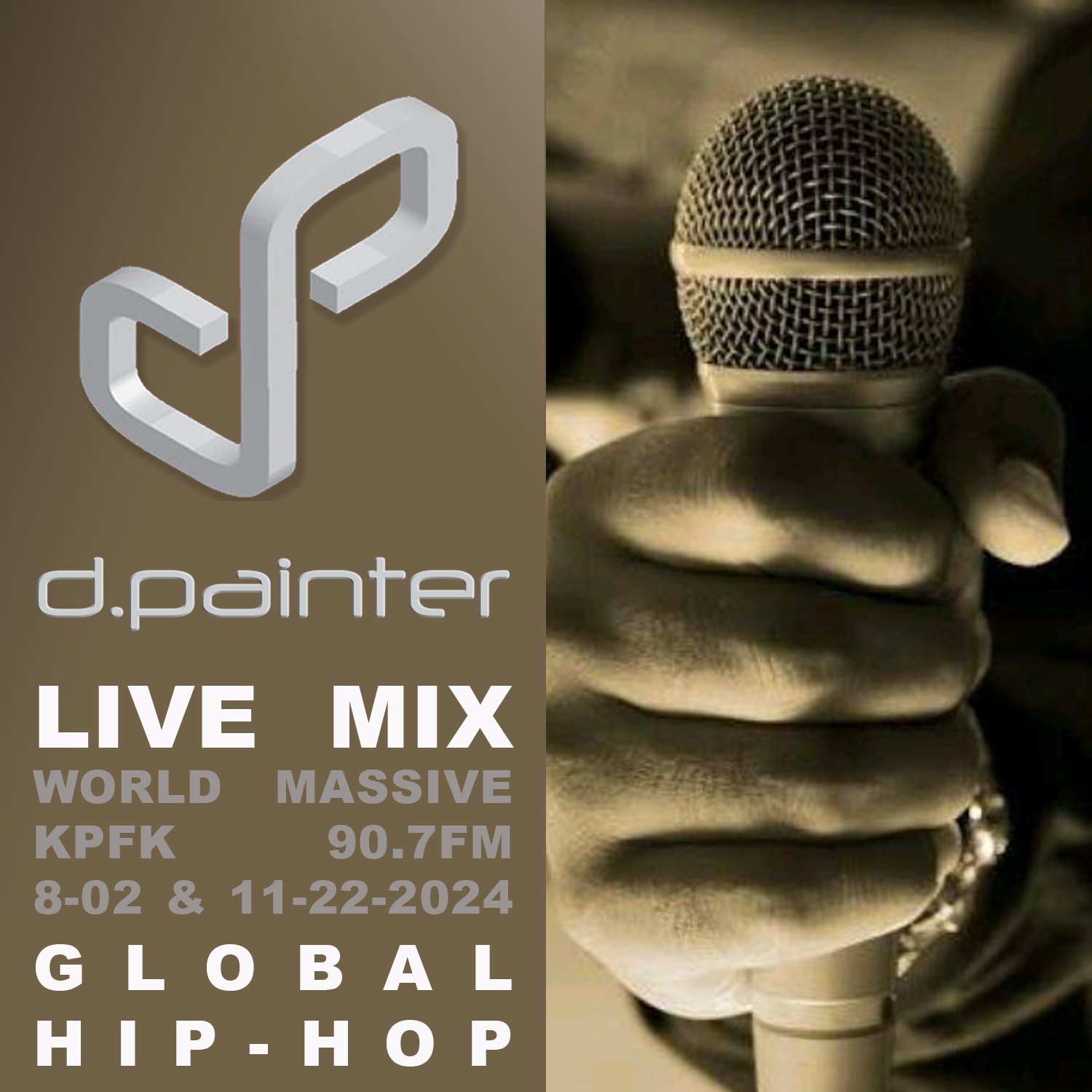 black & white image of a hand holding a microphone with text to the side