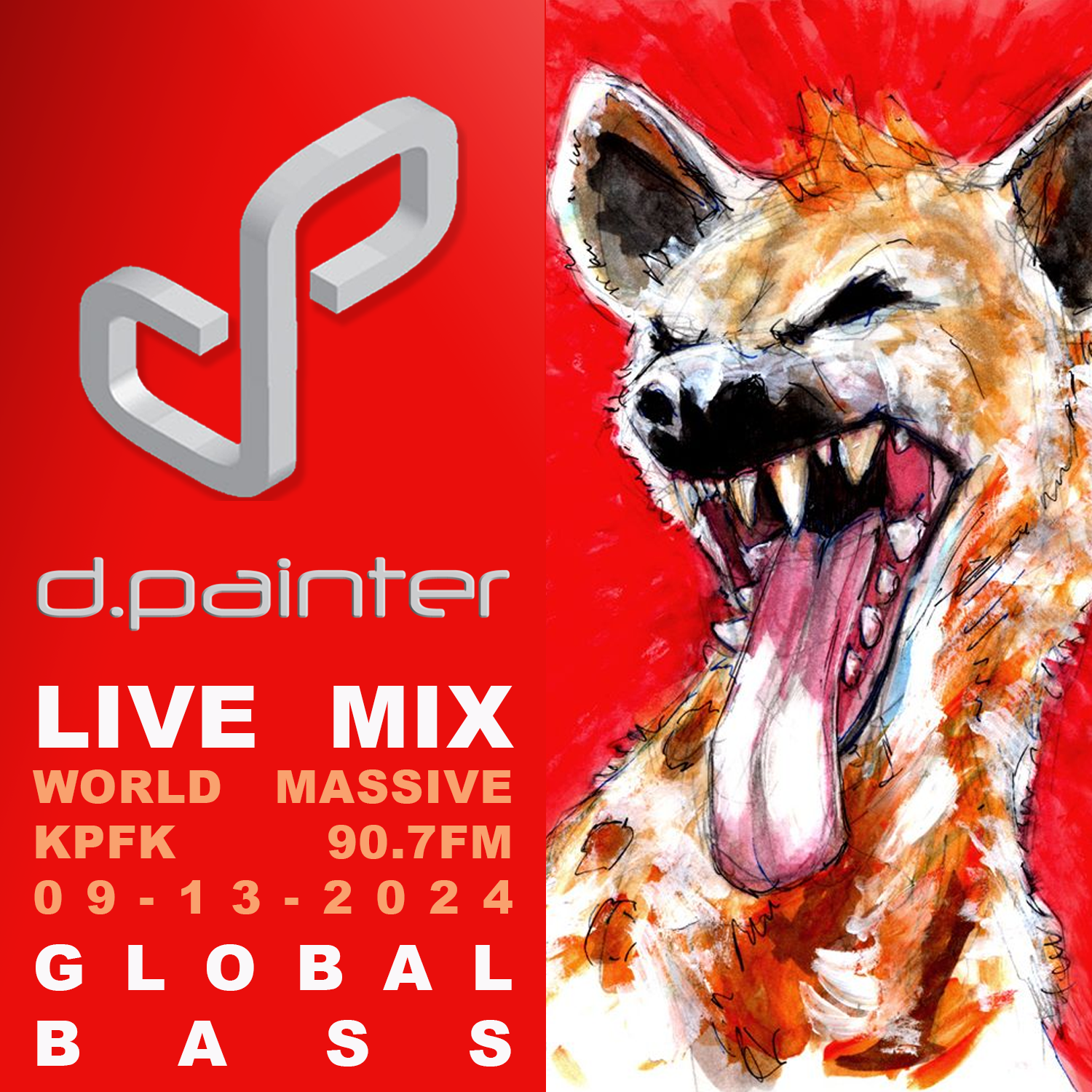 painting of a hyena over a red background with text to the side