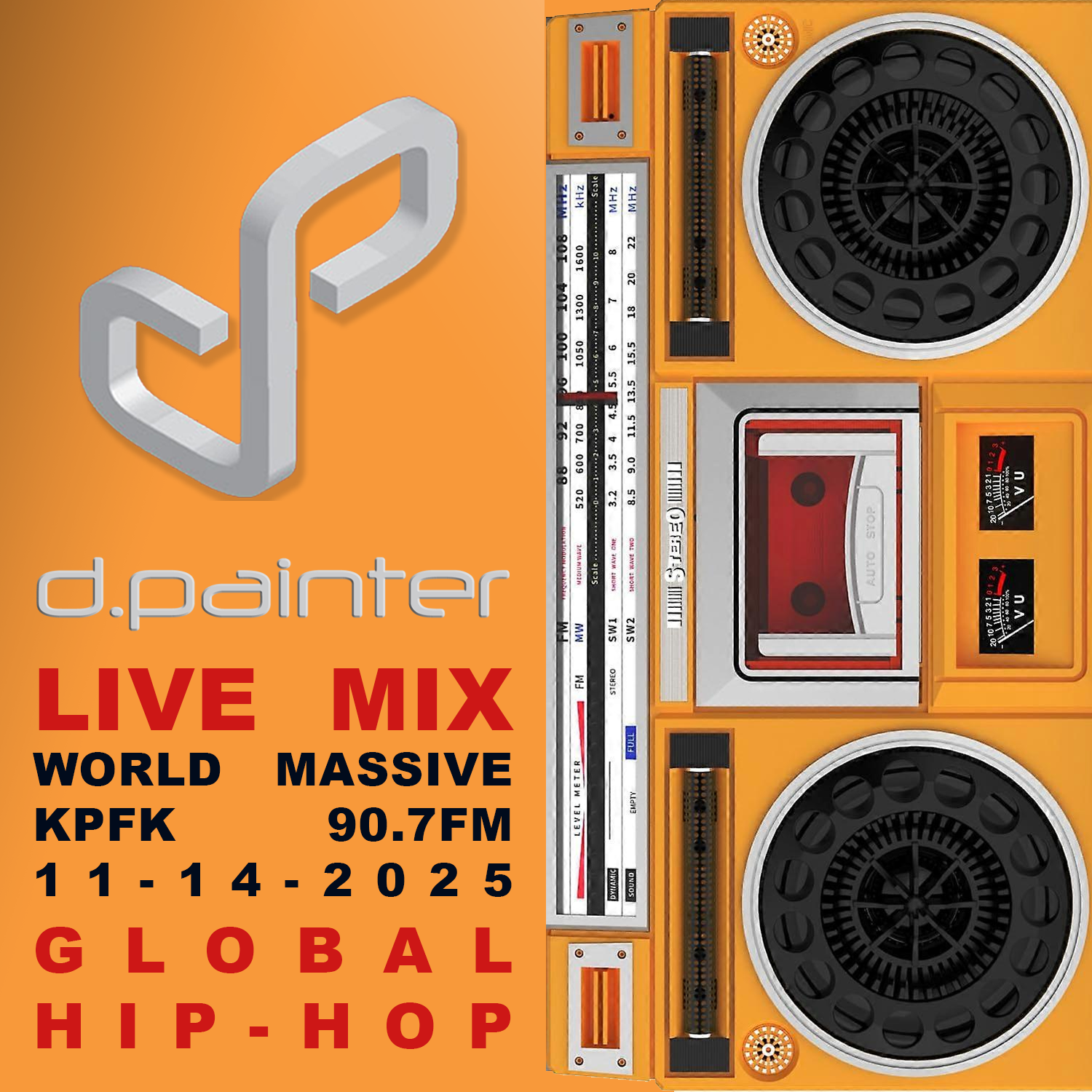 boombox with orange background and text
