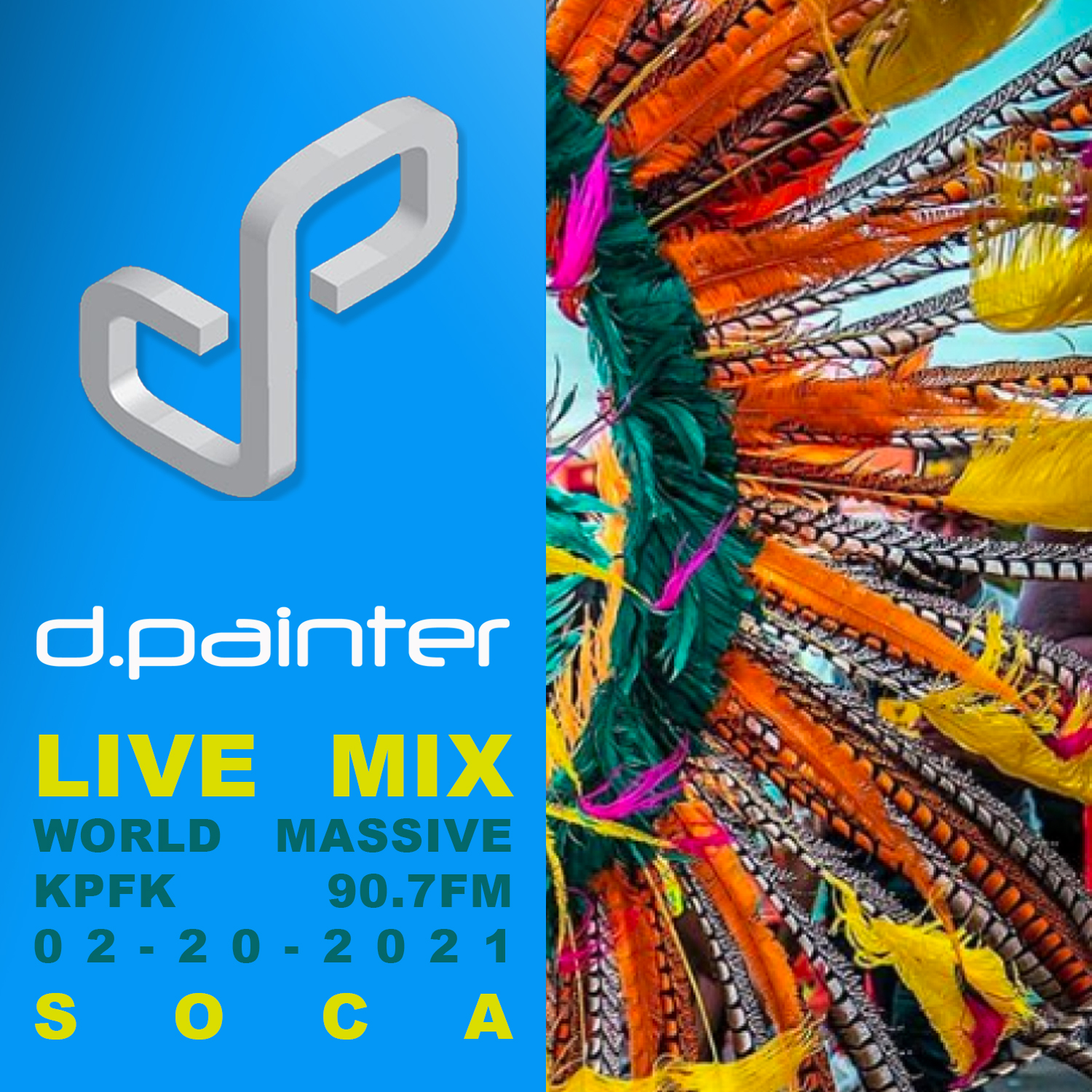 close up photo of the feathers on a Trinidadian carnival costume with text to the side
