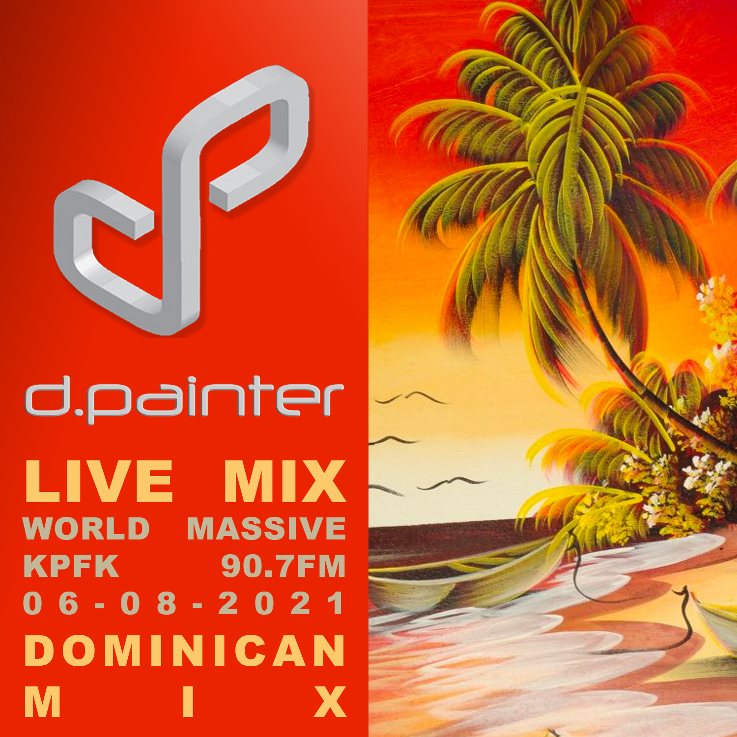 orange tinted painting of a beach in the Dominican Republic with text on the side