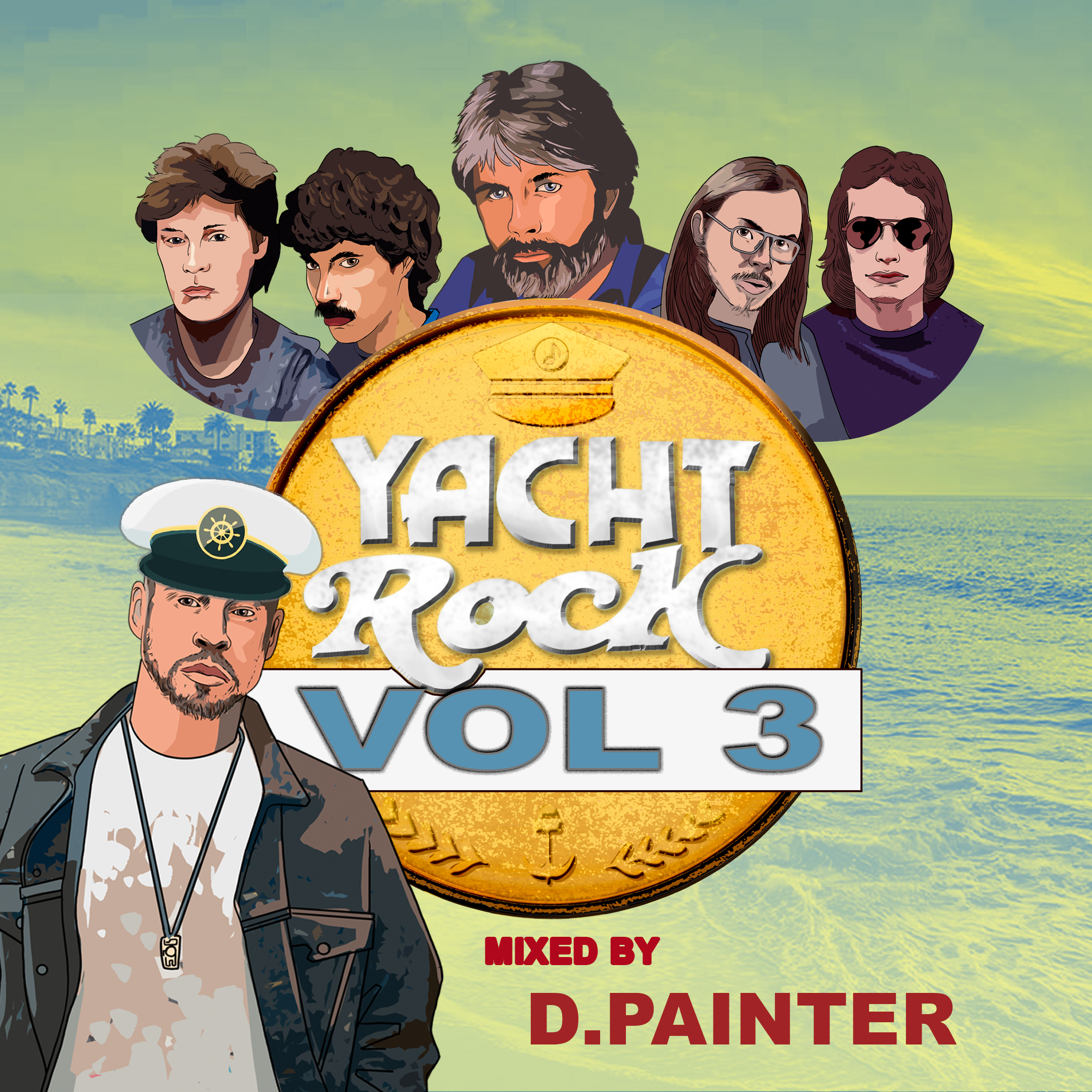 illustrated images of classic rock artists and the DJ over an ocean background with text