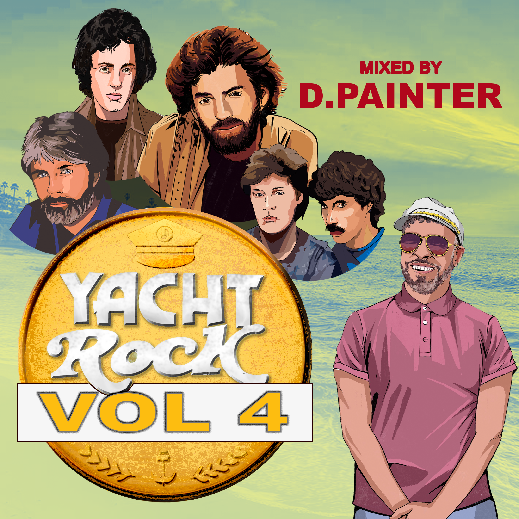 illustrated collage of artists over an ocean background with text
