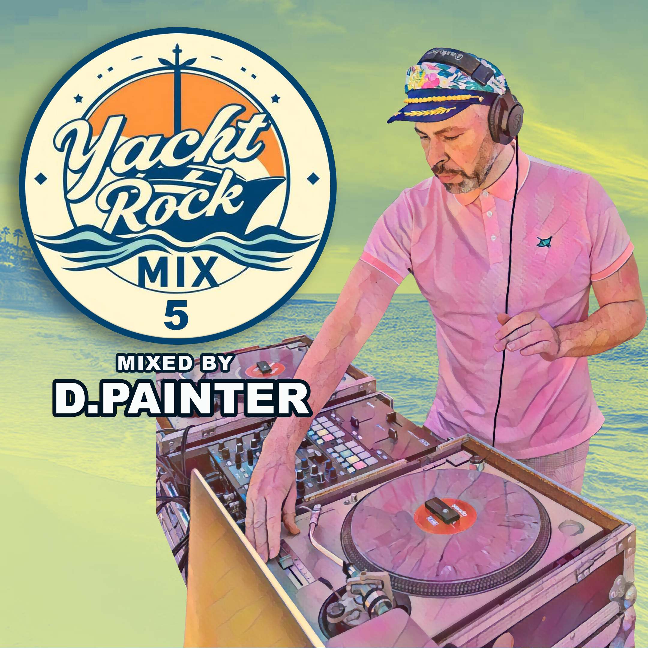illustrated dj in captains hat, ocean background with text