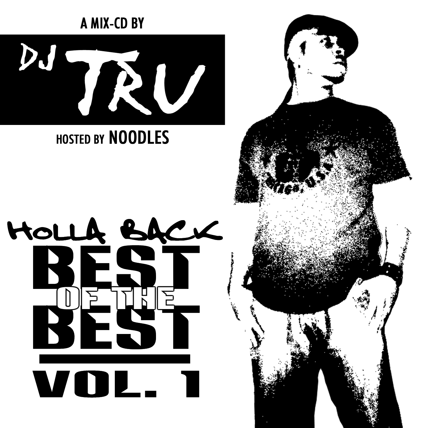 black and white image of DJ with text