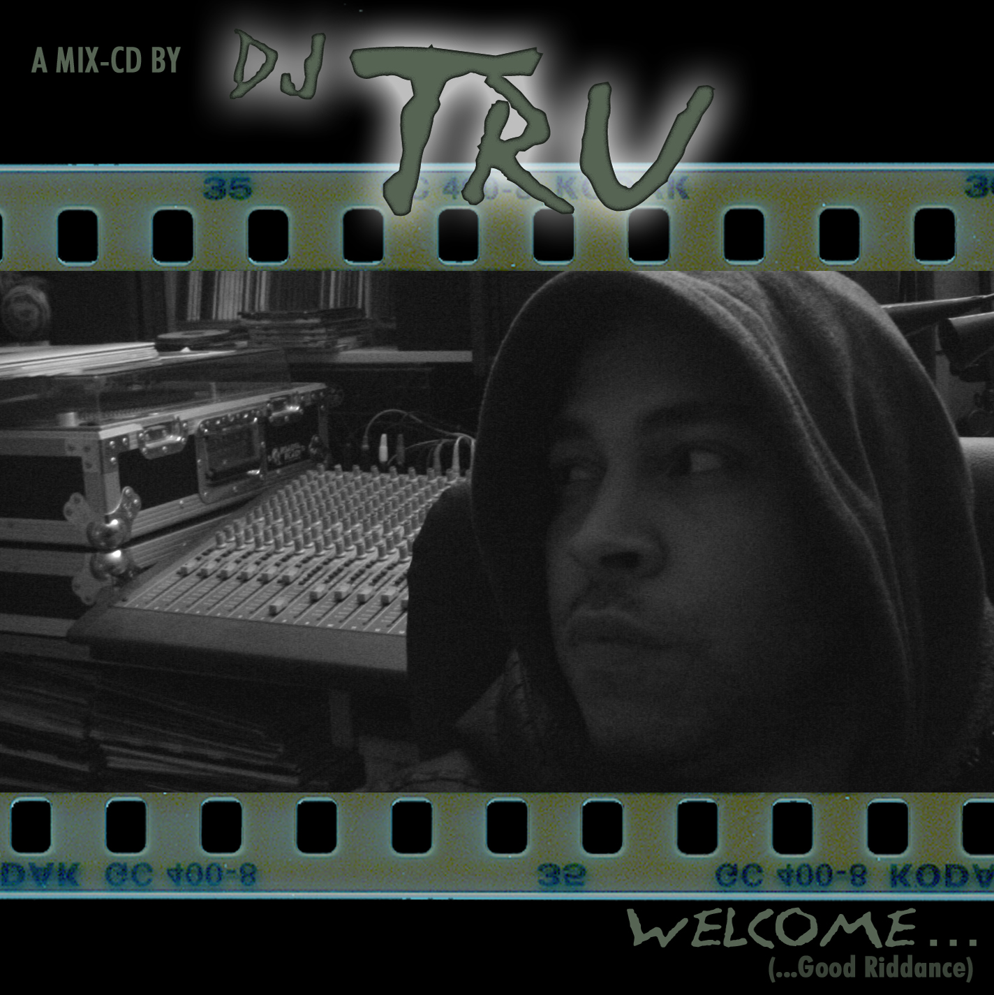 photo negative with image of the DJ's face and overlayed text