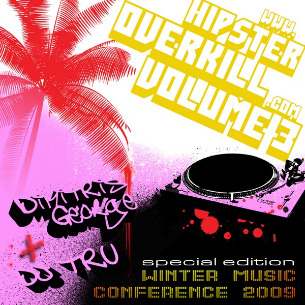 stencil street art style graphic of a palm tree and DJ turntable on a pink background