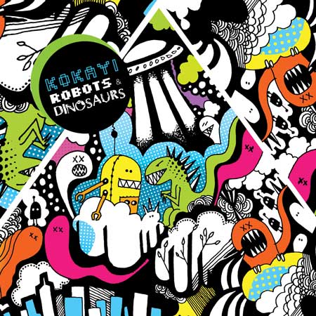 a bright and fun illustrated collage of spaceships, dinosaurs and robot