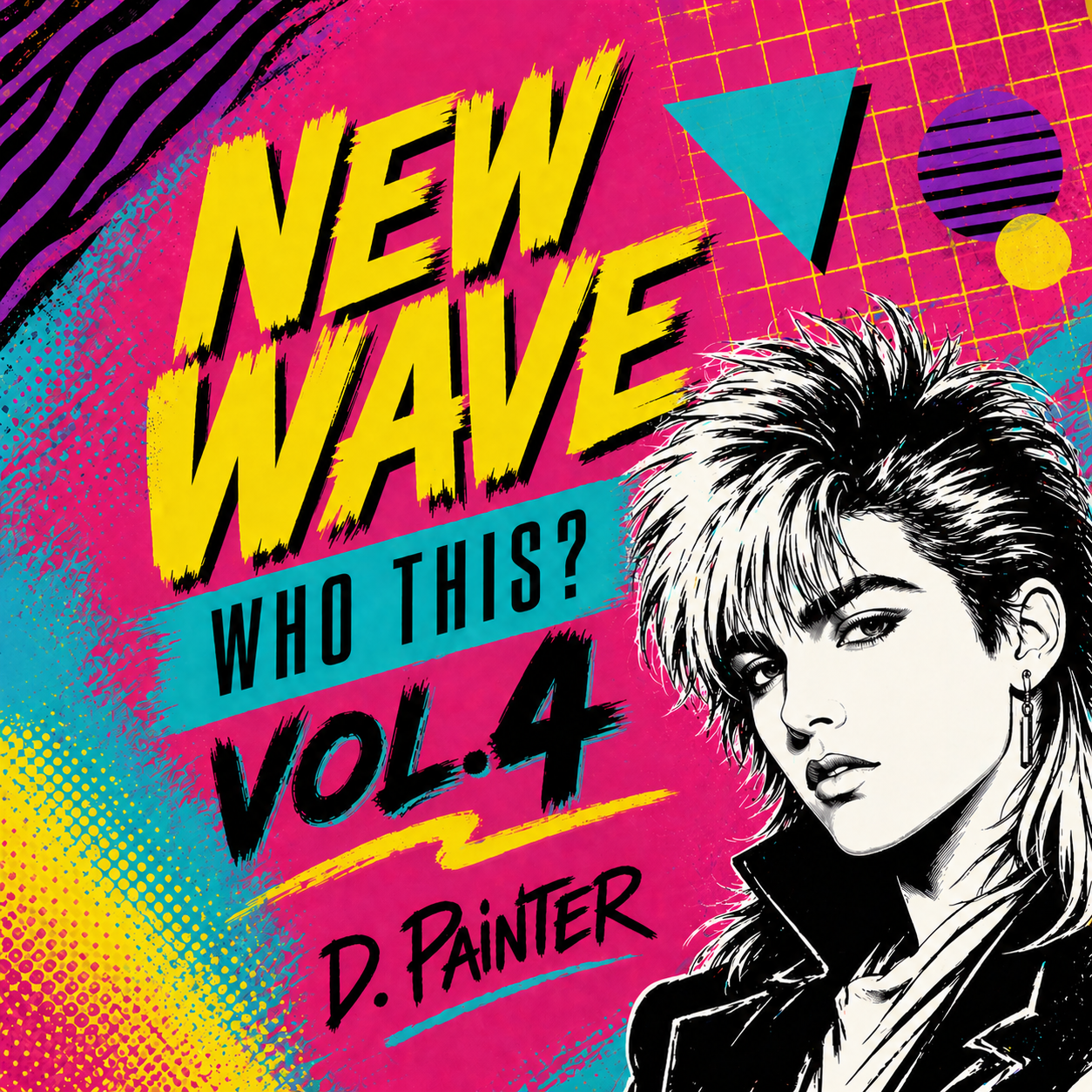 black & white illustration of an 80's new wave styled man over a fuscia background