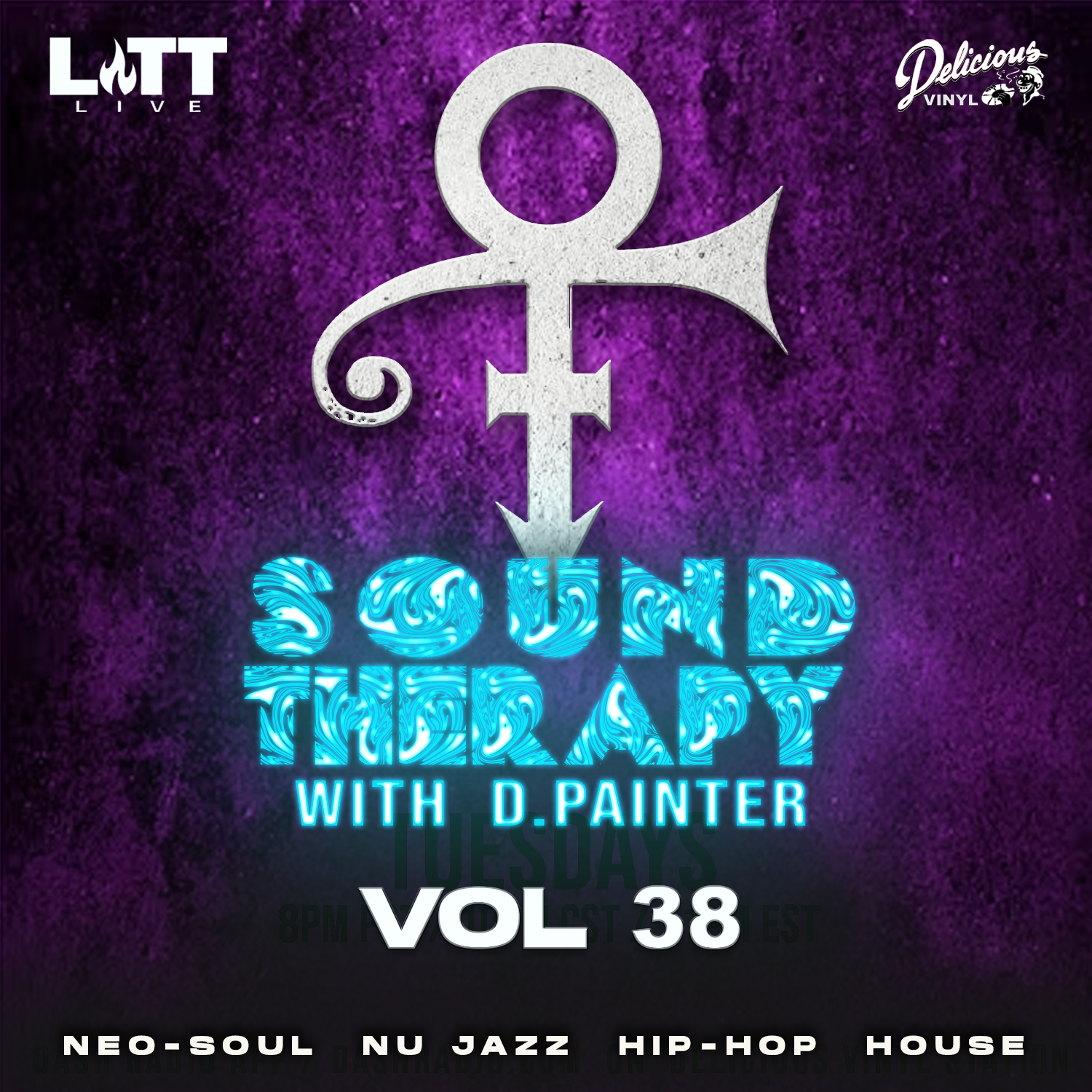 Prince symbol over a purple background with text beneath
