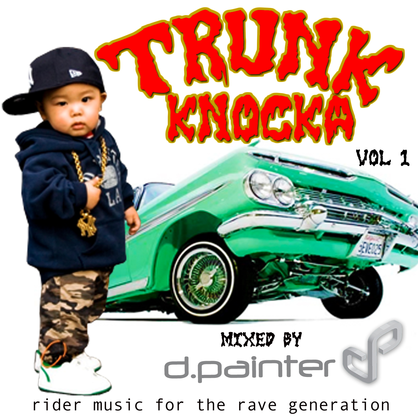 photo of a little Asian baby in hip-hop fashion and a low rider car with text
