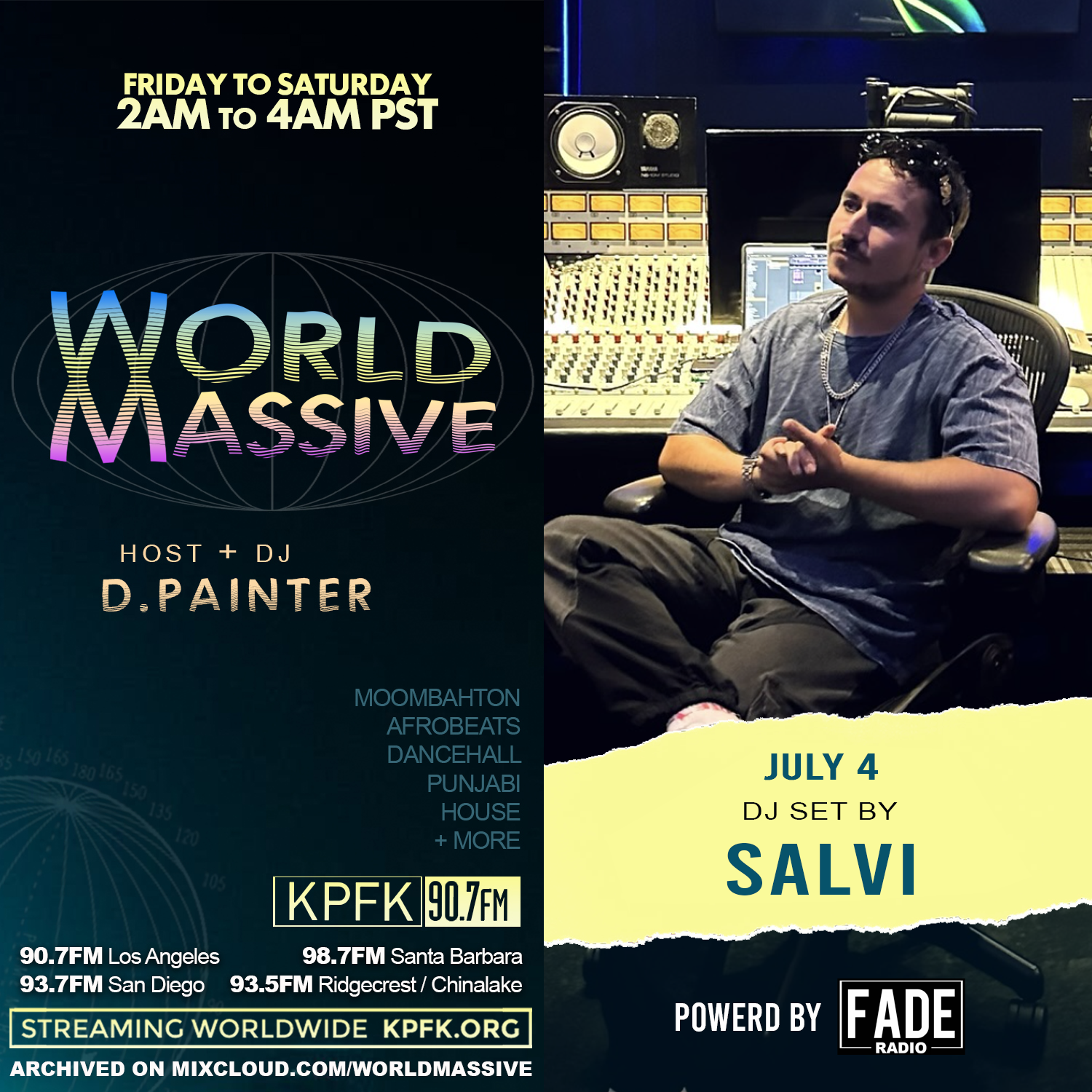 photo of Salvi sitting in a music studio with text to the left