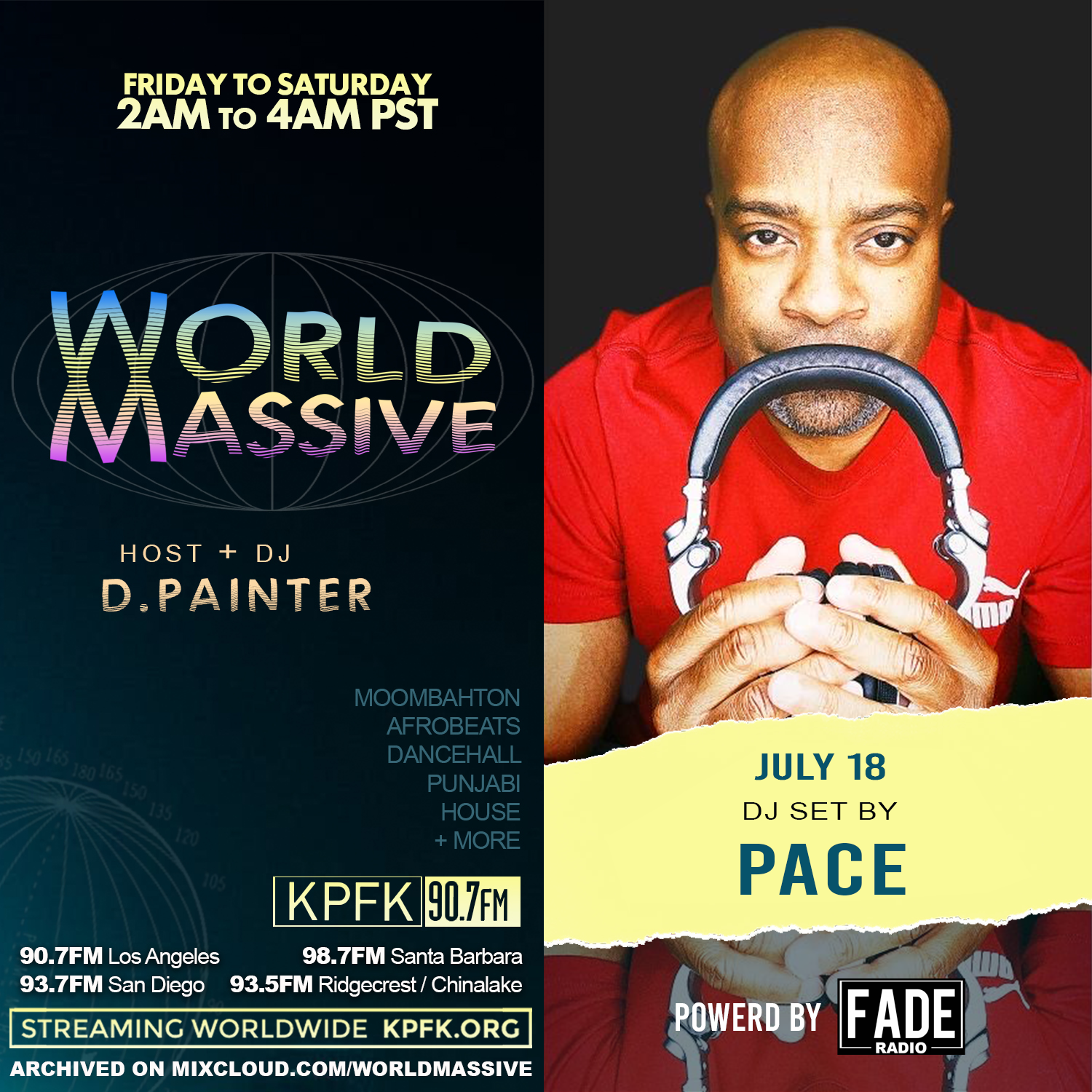 photo of Pace holding DJ headphones with text to the left