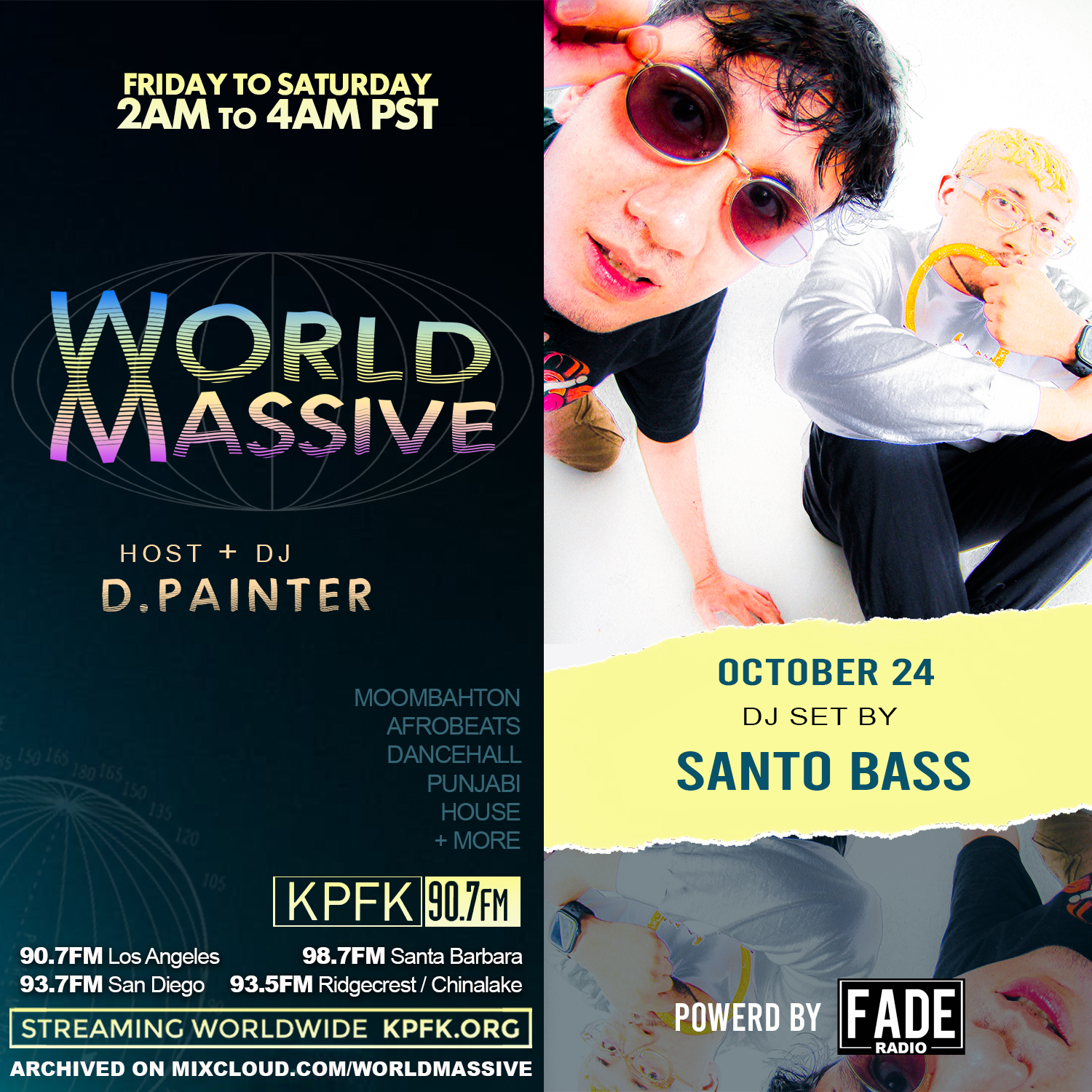 Photo of the Santo Bass DJs with text to the left