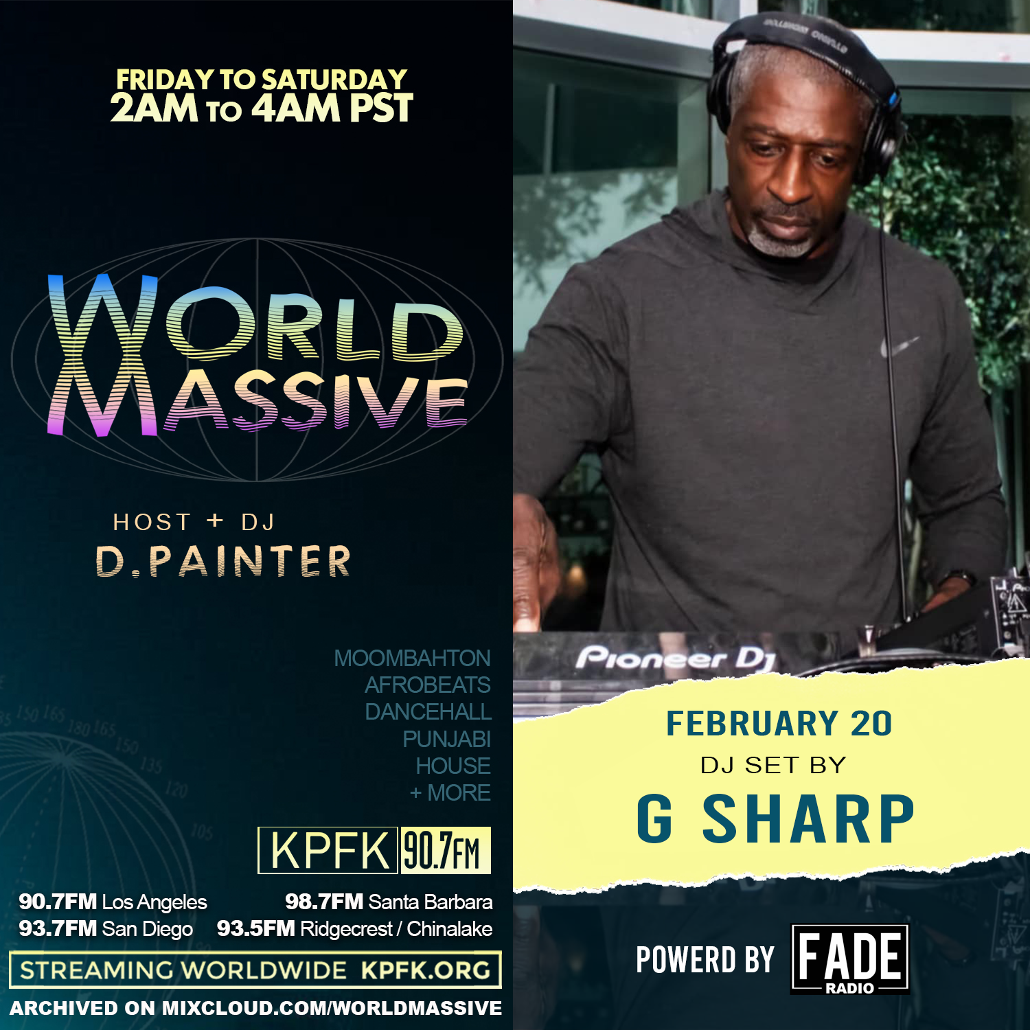 photo of G Sharp DJing with text to the left