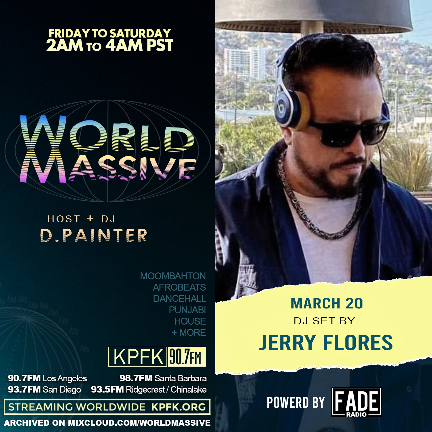 photo of Jerry Flores DJing with text to the left