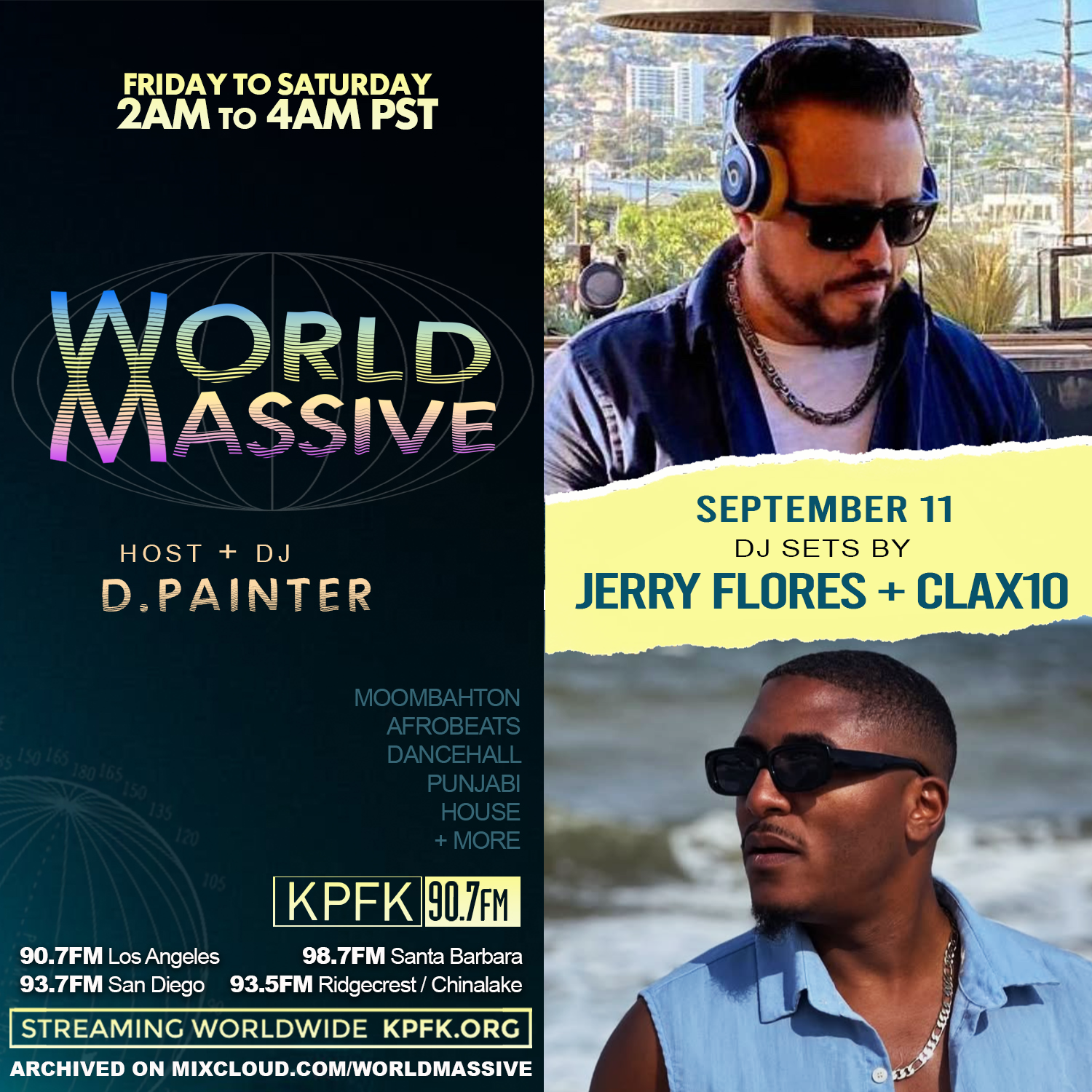 stacked photos of DJs Jerry Flores and Clax10 with text to the left